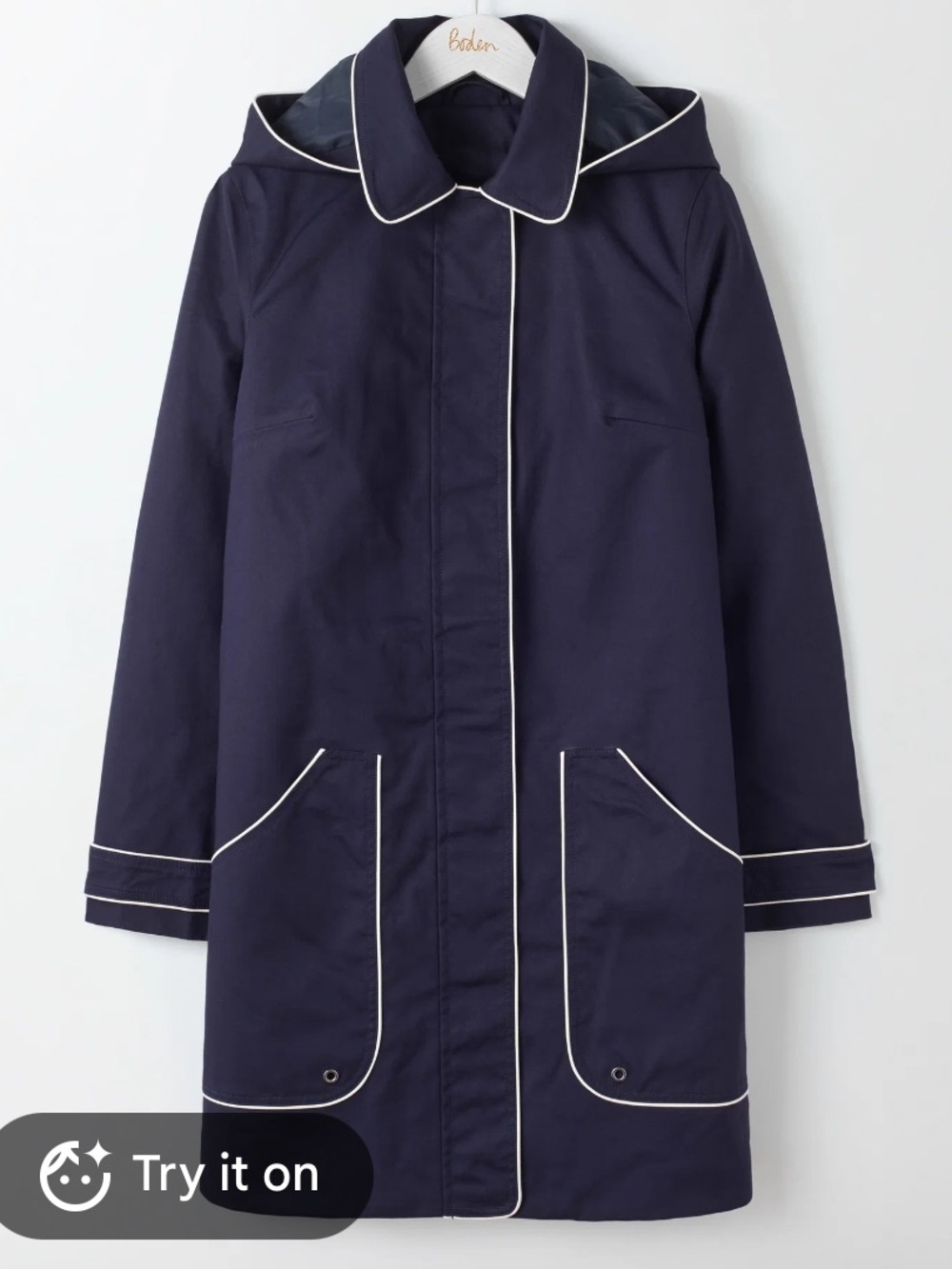 Boden Navy Hooded Raincoat with Cream Contrast Piping